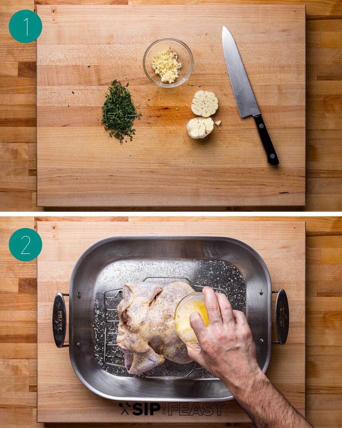 Garlic butter roast chicken recipe process shot collage group number one.