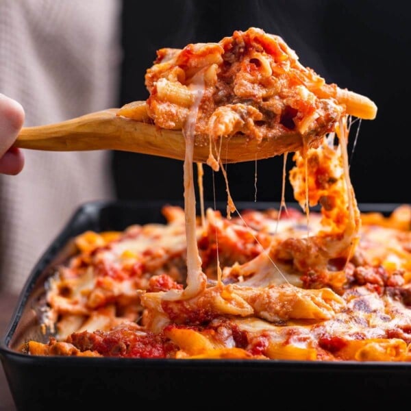 Baked penne with Italian sausage featured image.