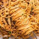 Brandy mushroom cream sauce spaghetti Pinterest image.
