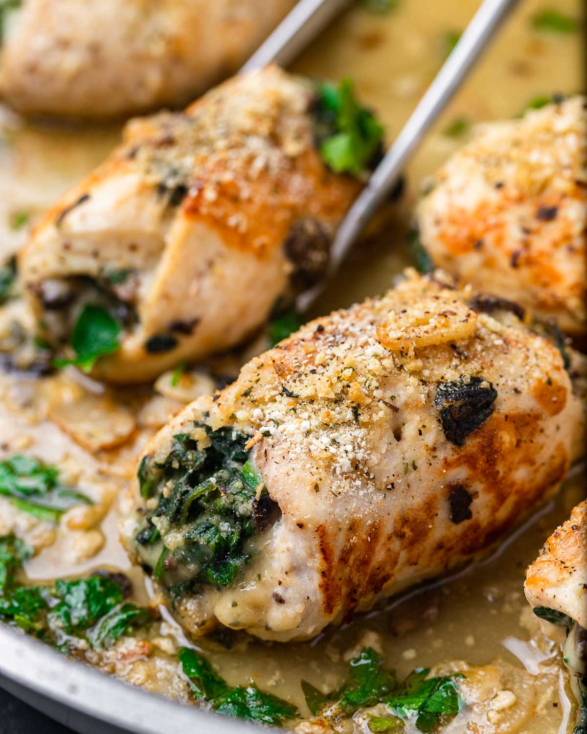 Chicken involtini in large pan.