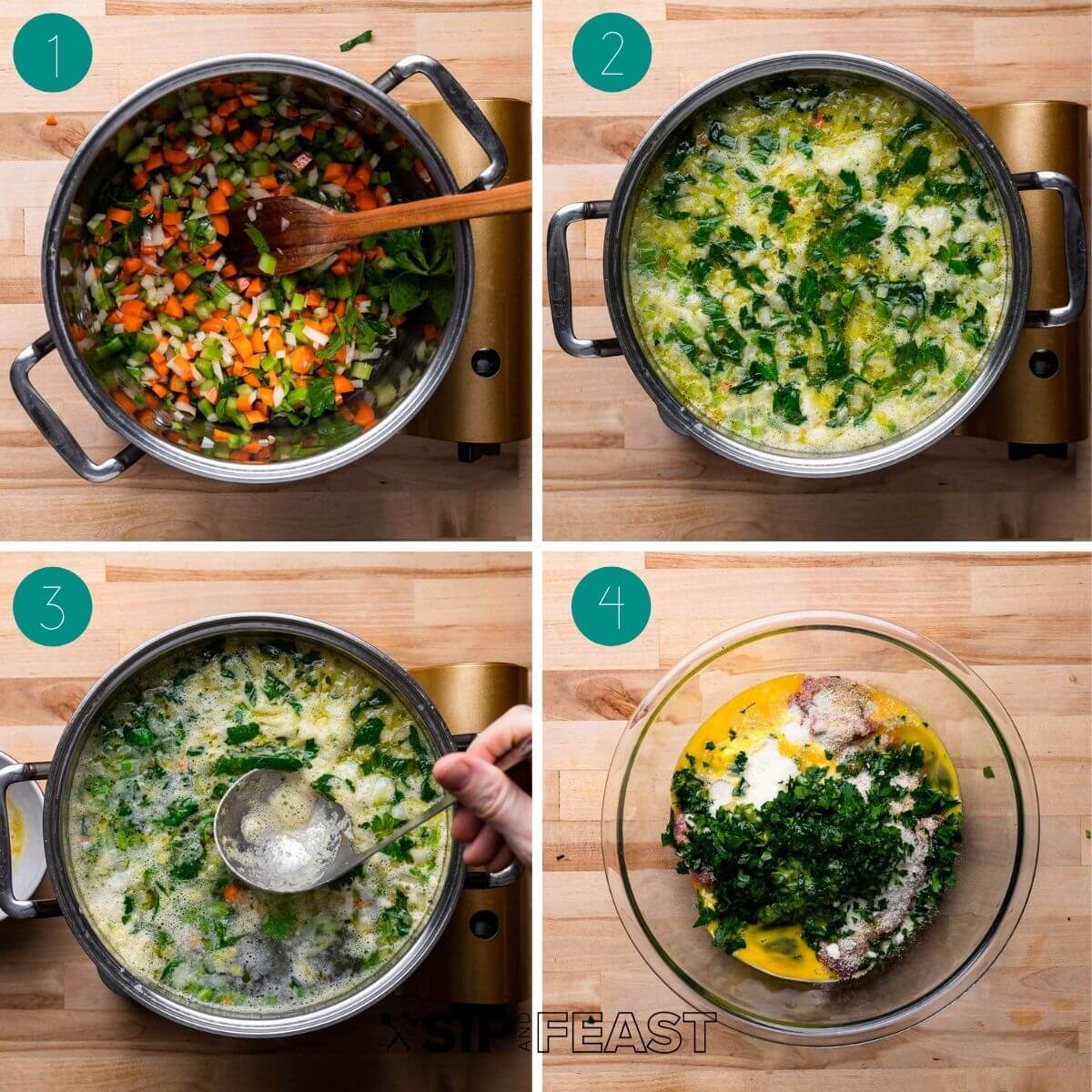 Chicken noodle soup with meatballs recipe process shot collage group number one.