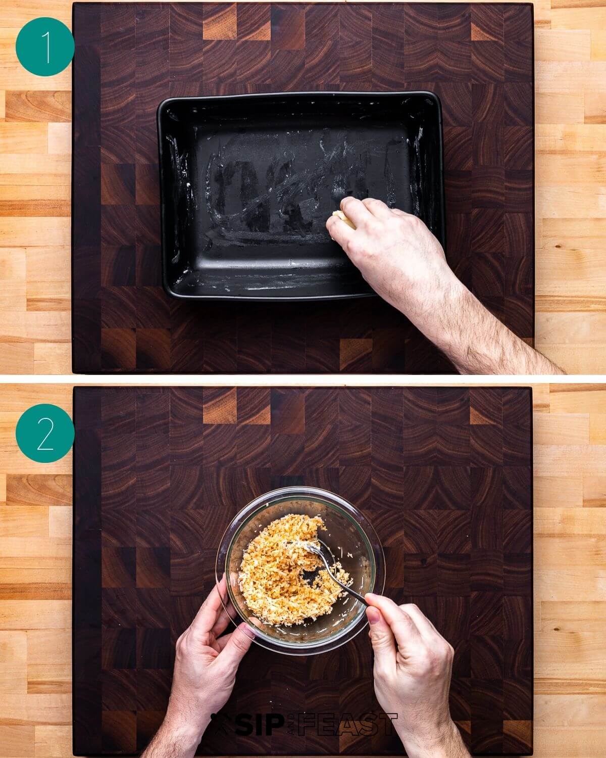 Baked macaroni and cheese recipe process shot collage group number one.