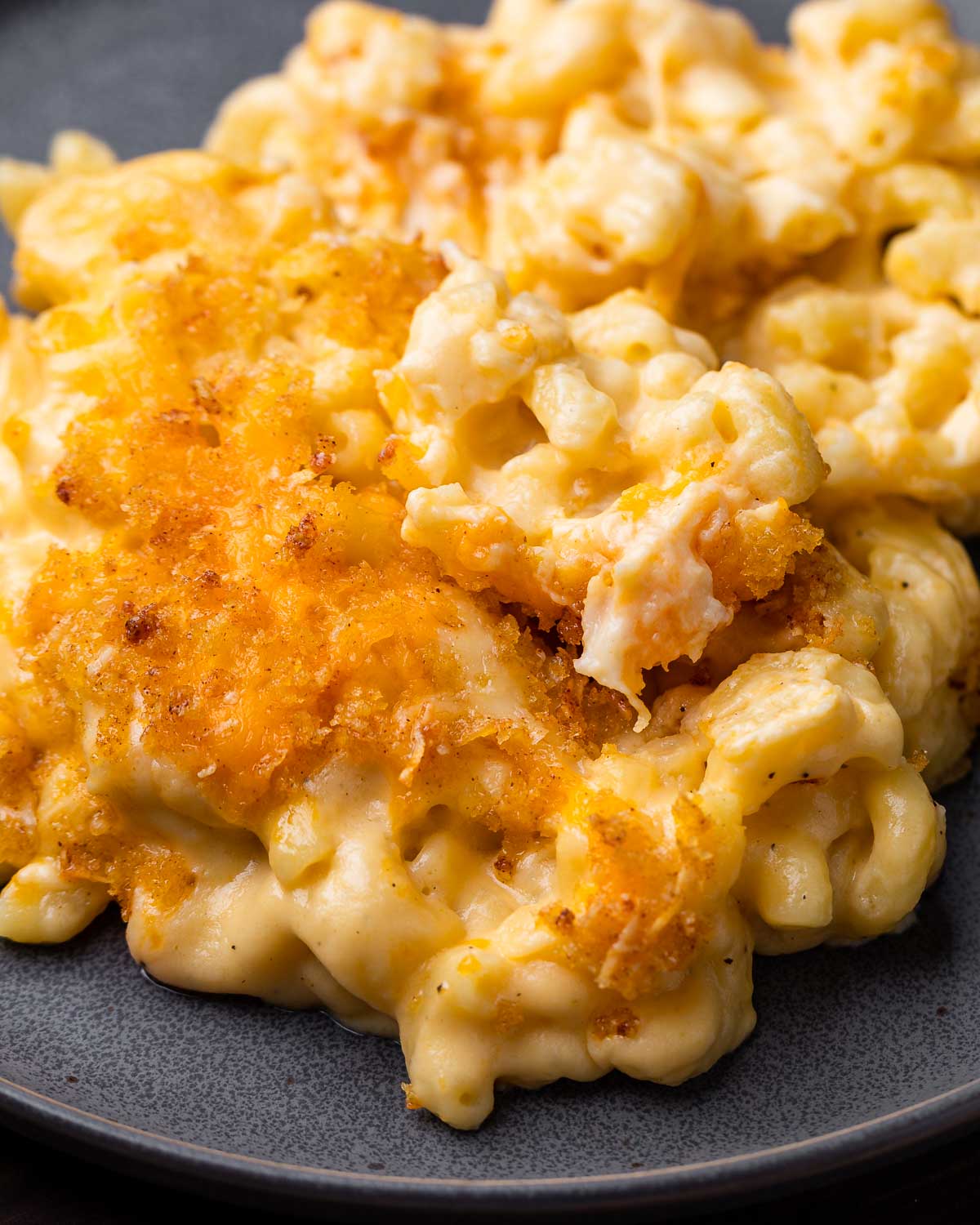 Close up of breadcrumb topping on baked macaroni and cheese in grey plate.