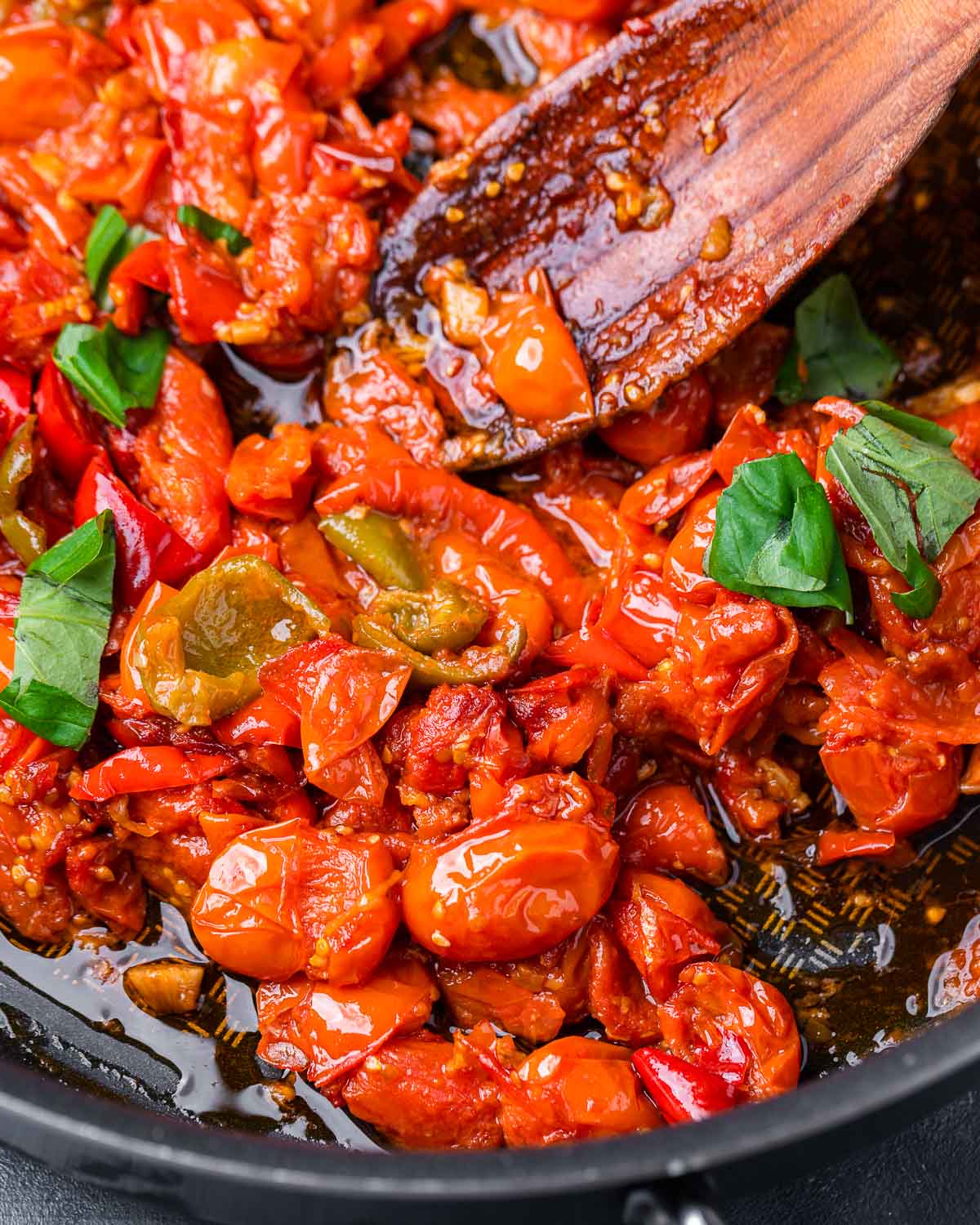 Cooked cherry pepper spread in large pan.