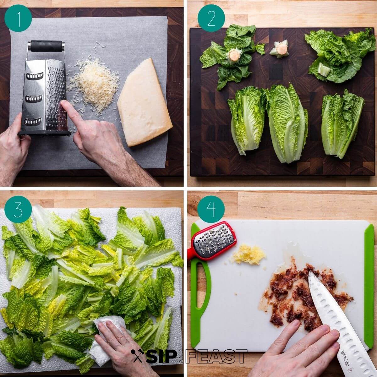 Chicken Caeser salad recipe process shot collage group number one.