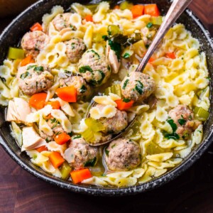 Chicken noodle soup with meatballs recipe featured image.