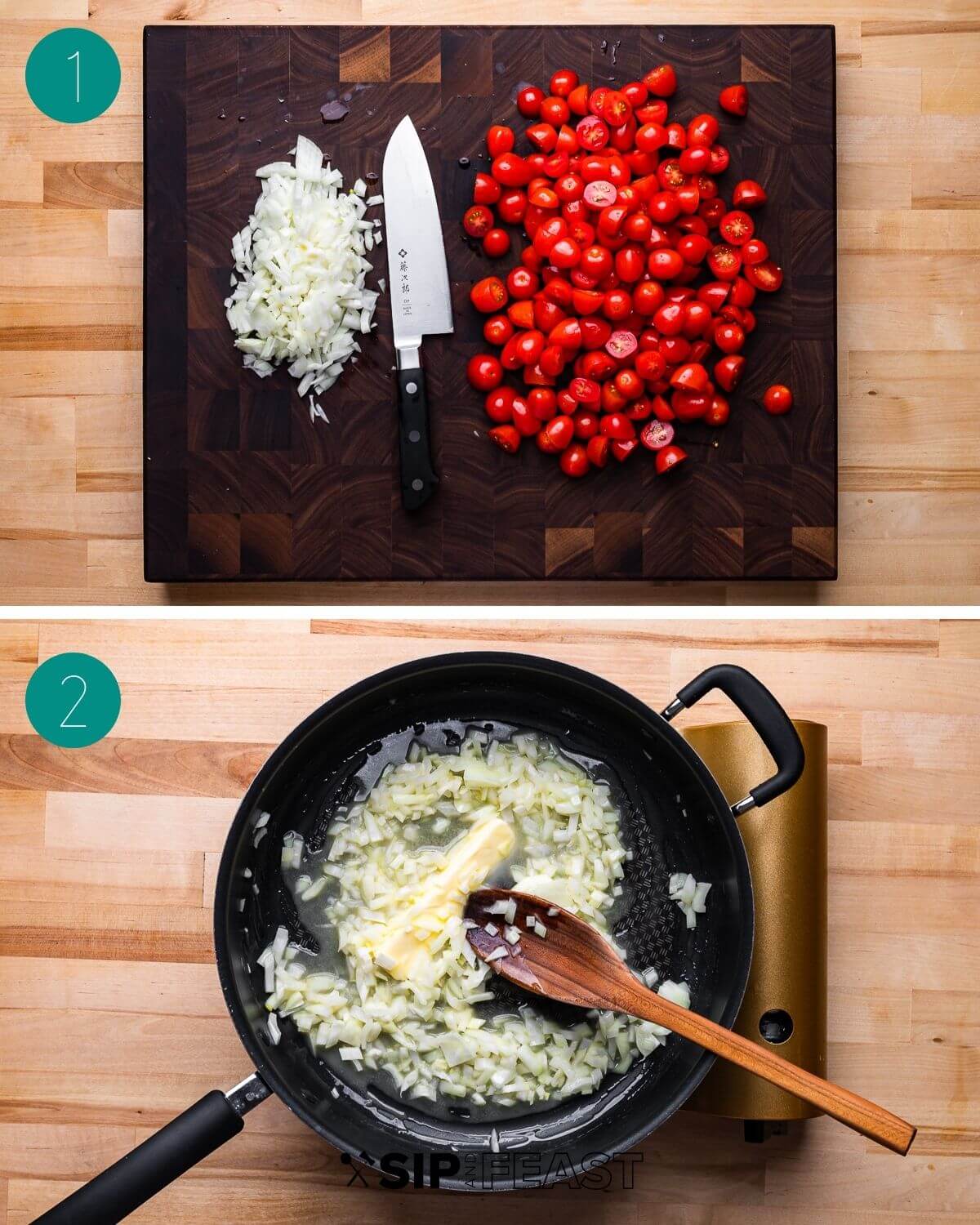 Fettuccine with cherry tomato butter sauce recipe process shot collage group number one.