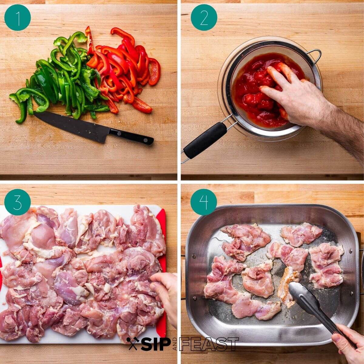 Chicken and peppers recipe process shot collage group number one.