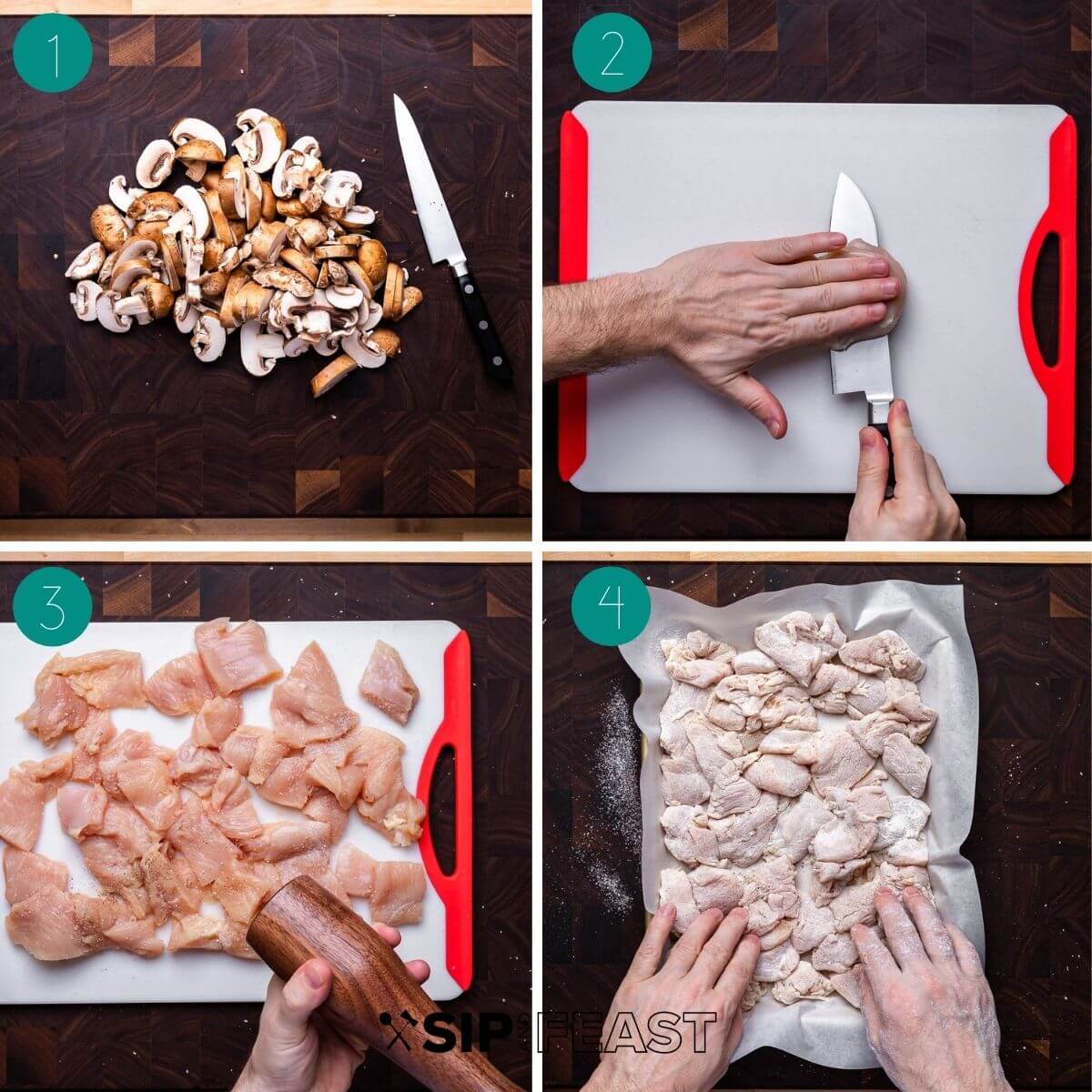Chicken marsala pasta recipe process shot collage group number one.