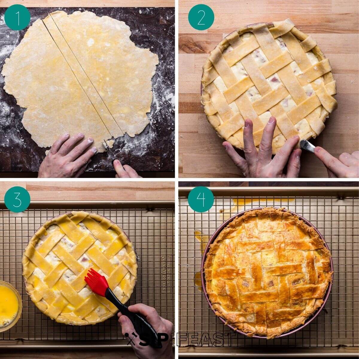 Lattice for pizza rustica recipe process shot collage.