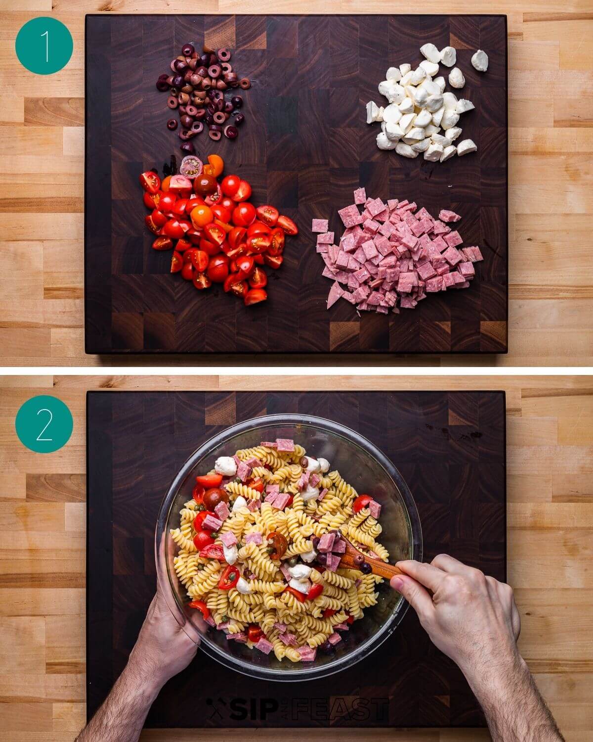 Italian pasta salad recipe process shot collage group number one.