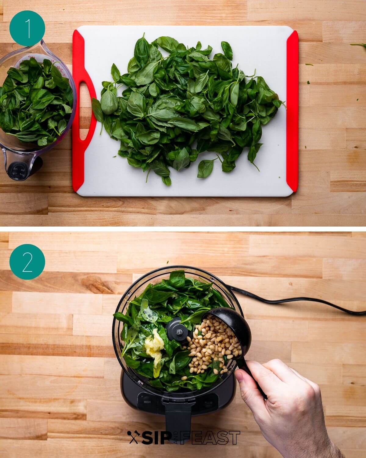 Chicken pesto pasta salad recipe process shot collage group number one.