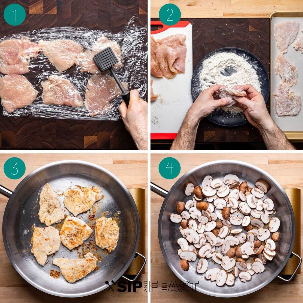 Spinach mushroom chicken recipe process shot collage group number one.