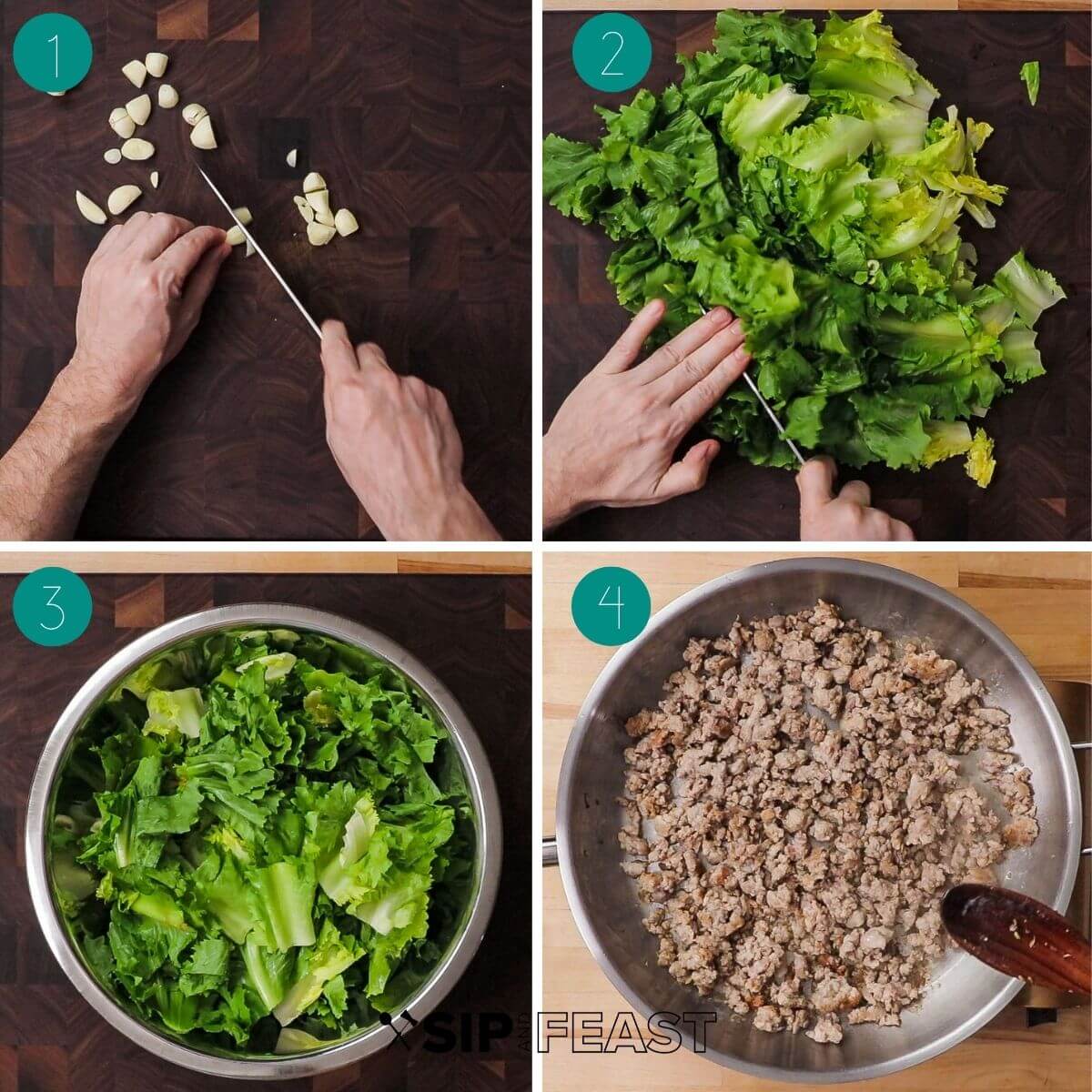 Beans and greens sausage pasta recipe process shot collage group number one.