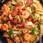 Cajun shrimp and sausage pasta Pinterest image.