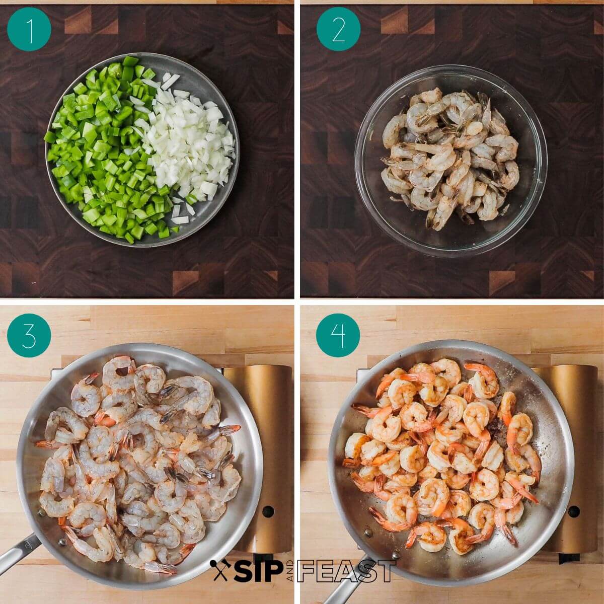 Cajun shrimp and sausage pasta recipe process shot collage group number one showing diced trinity, shrimp brining, raw shrimp in pan and cooked shrimp.