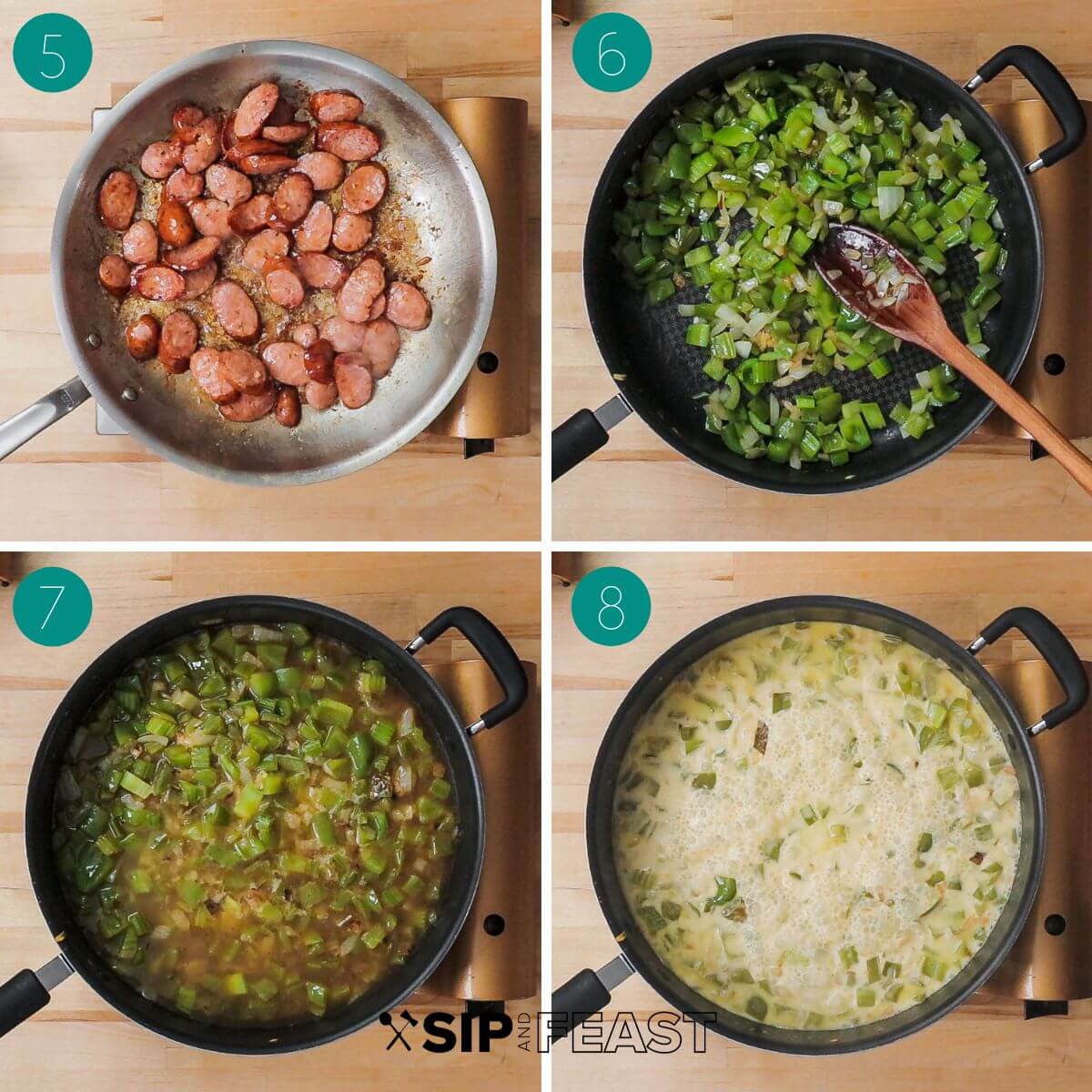 Recipe process shot collage group number two showing andouille in pan, vegetables in pan, stock added to pan, cream added to pan.
