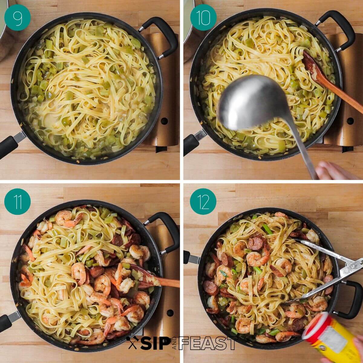 Recipe process shot collage group number three with pasta in pan, pasta water added, shrimp added, cajun seasoning added at end.