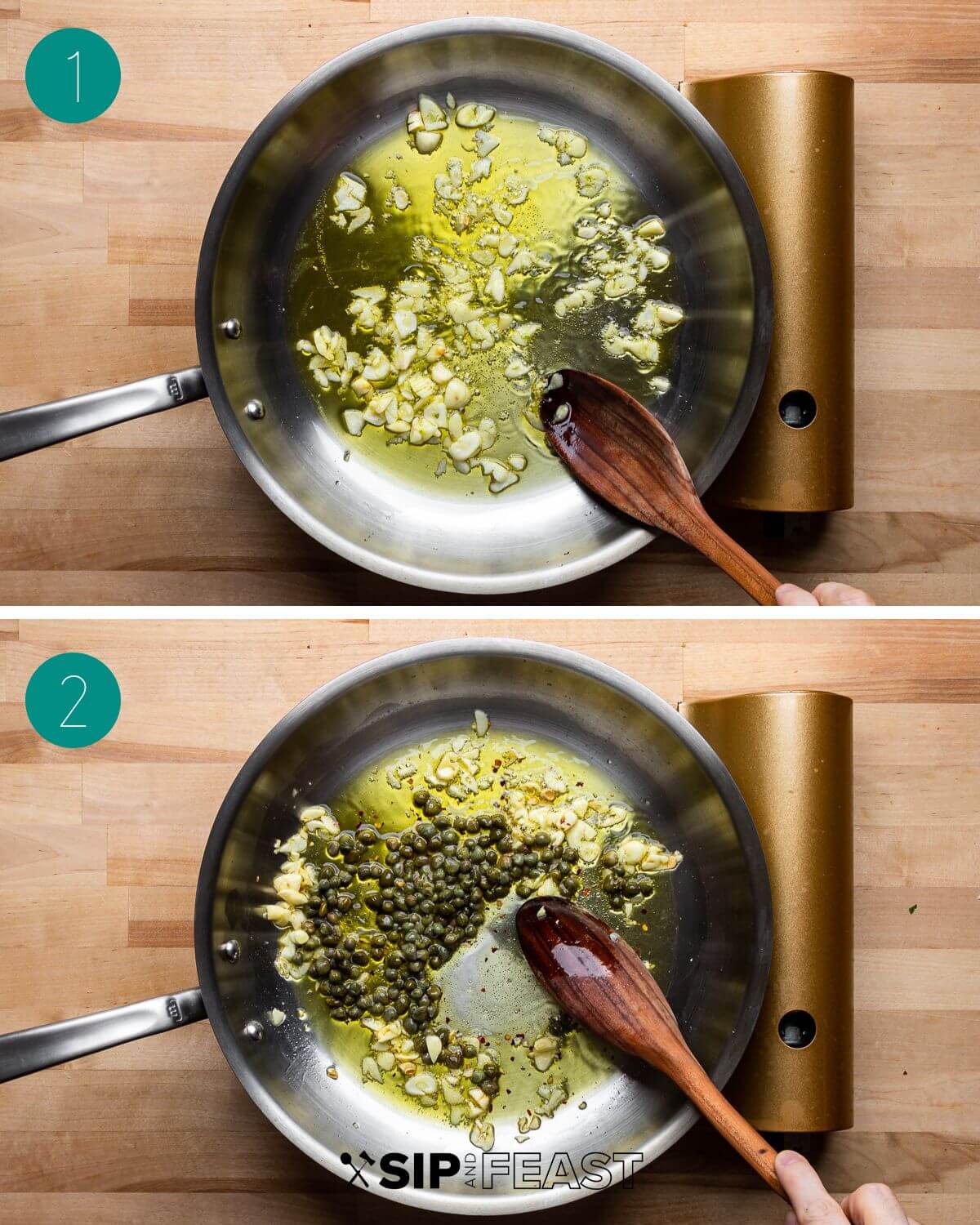 Lemon caper pasta recipe process shot collage group number one.