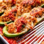 Sausage stuffed zucchini boats Pinterest image.