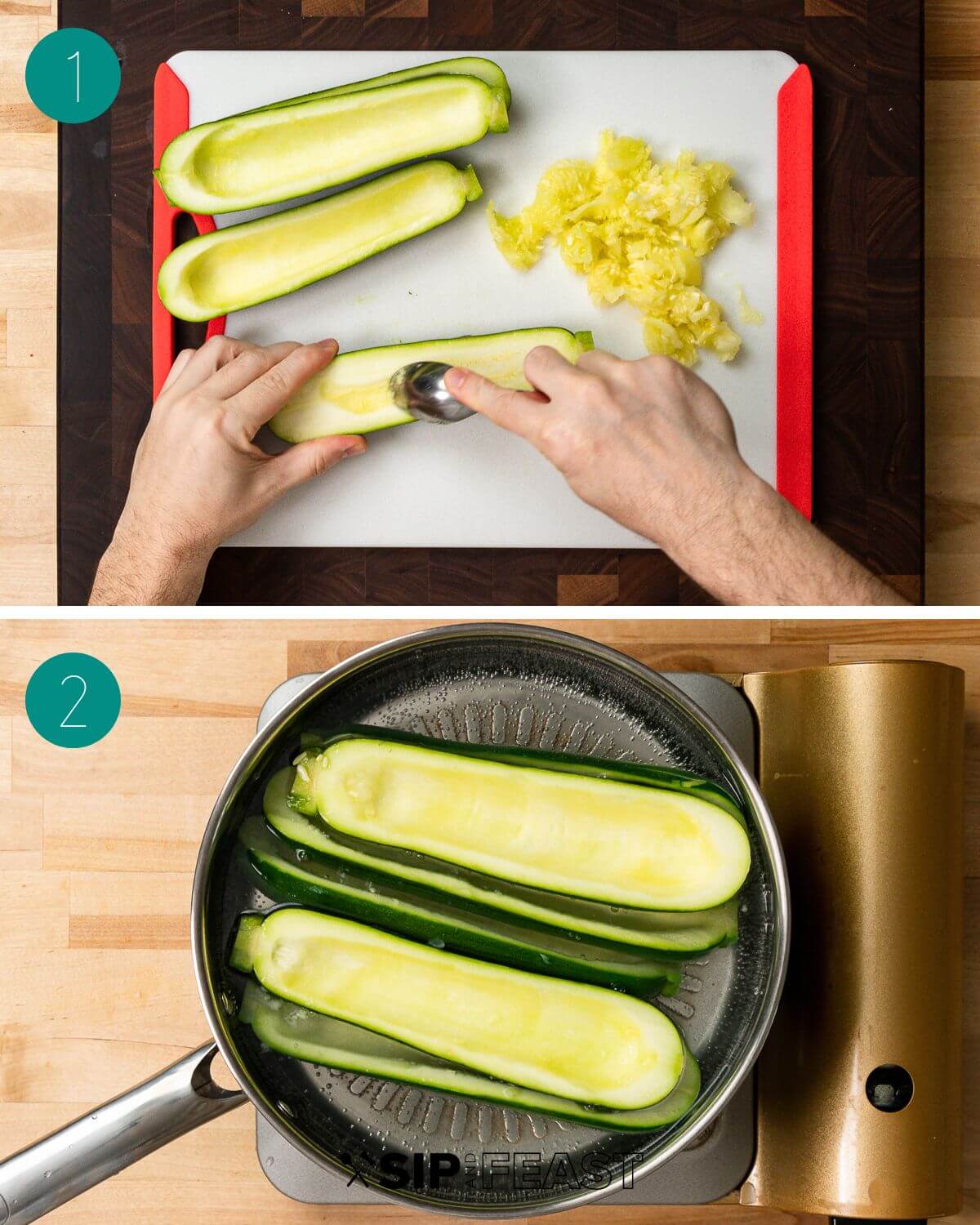 Sausage stuffed zucchini boats recipe process shot collage group number one.