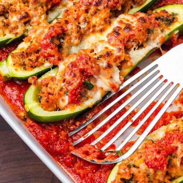 Sausage stuffed zucchini boats featured image.