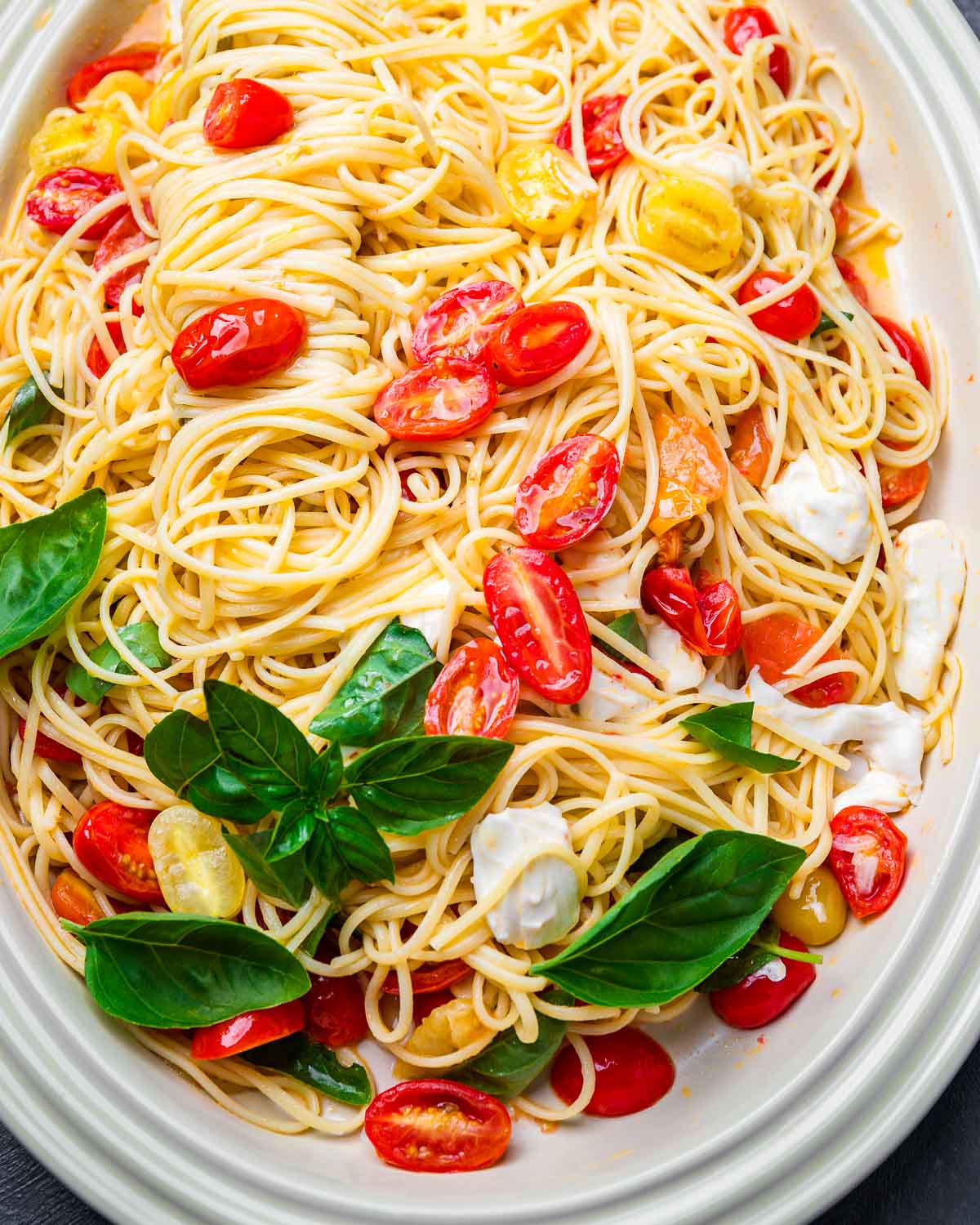 Caprese pasta in large platter.