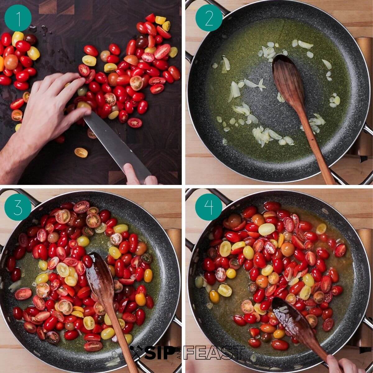 Caprese pasta recipe process shot collage group number one.