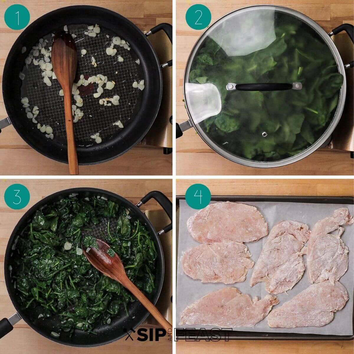Chicken Florentine recipe process shot collage group number one.