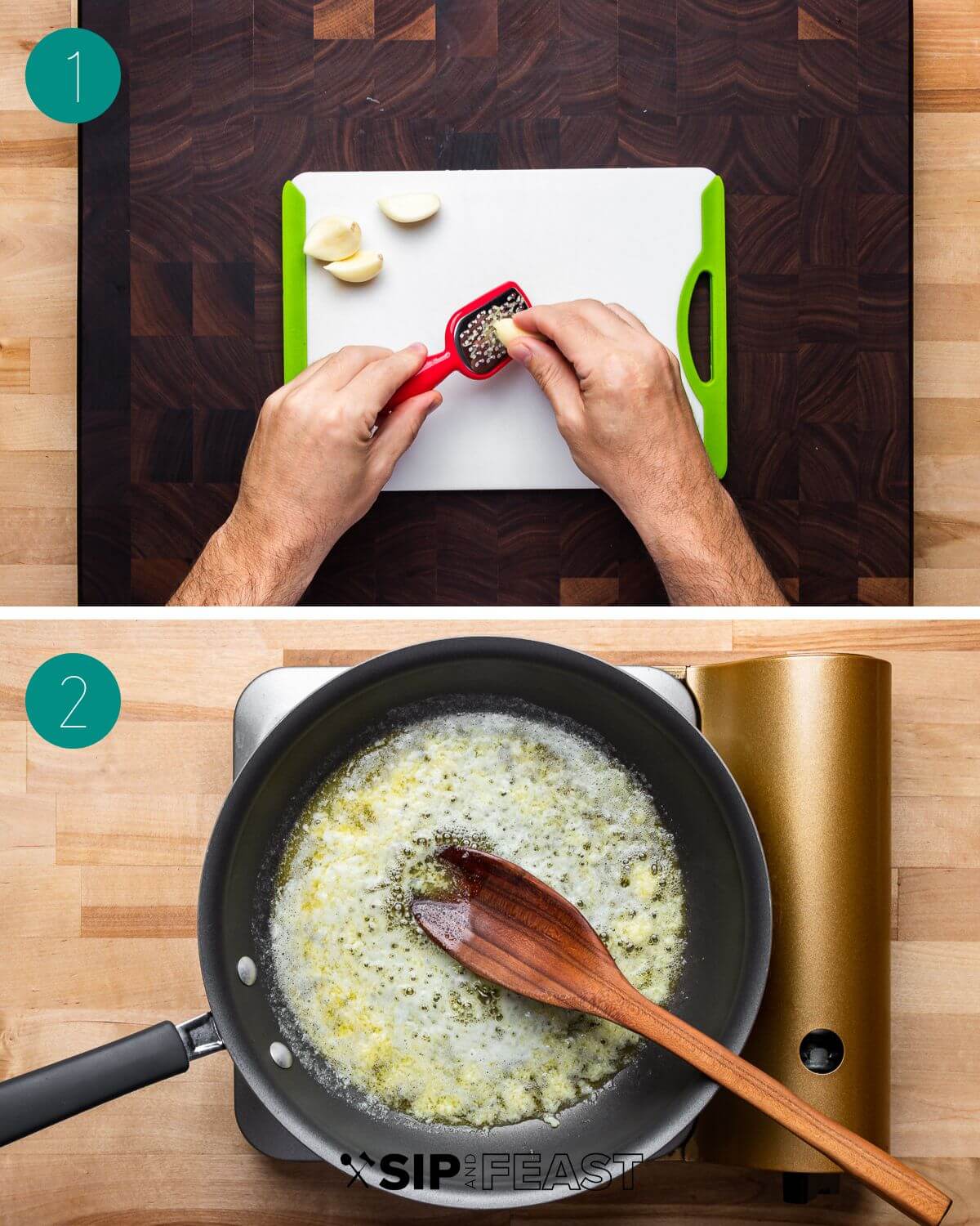 Garlic bread recipe process shot collage group number one.