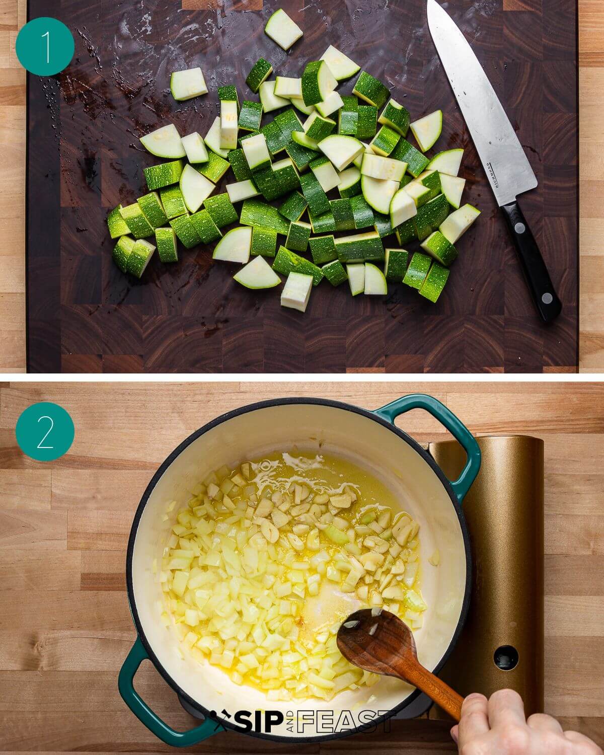 Italian zucchini soup recipe process shot collage group number one.