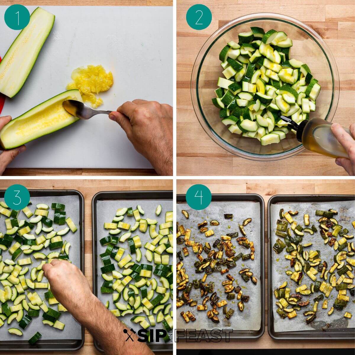 Roasted zucchini pasta recipe process shot collage group number one.