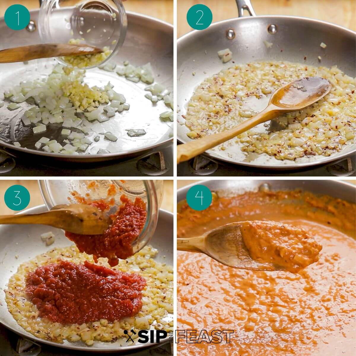 Vodka sauce process shot collage.