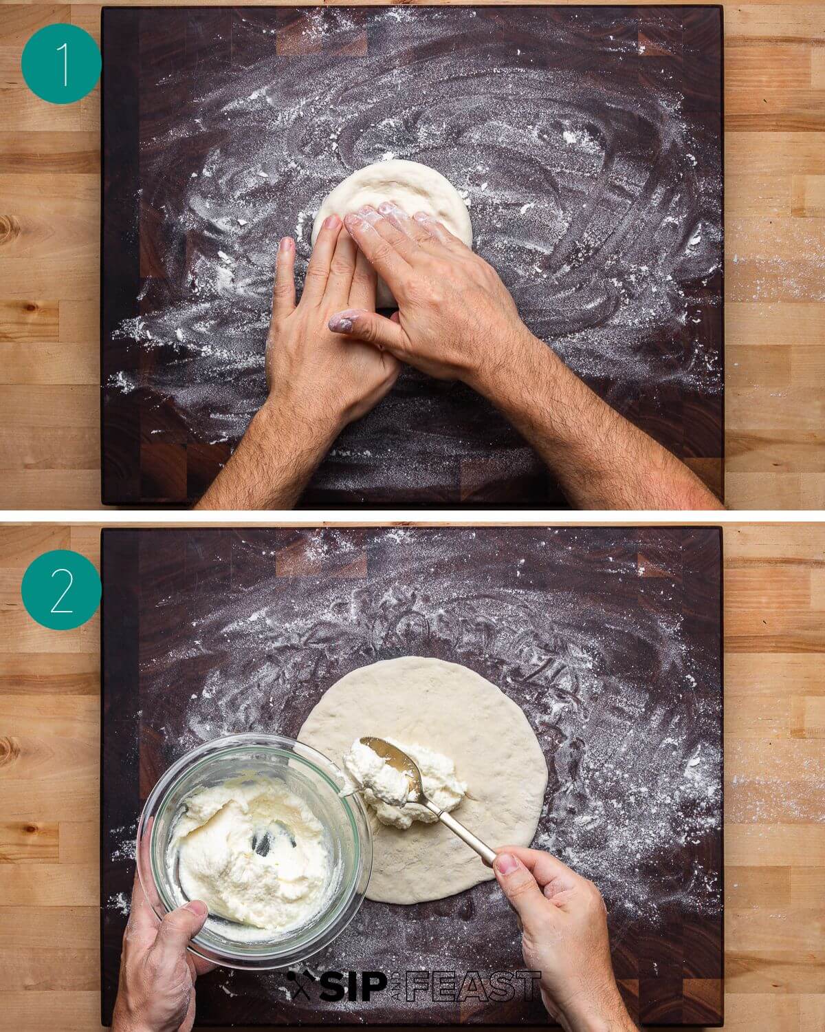 Calzone recipe process shot collage group number one.
