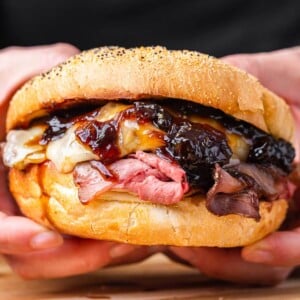 Hot roast beef sandwich with onion jam featured image.