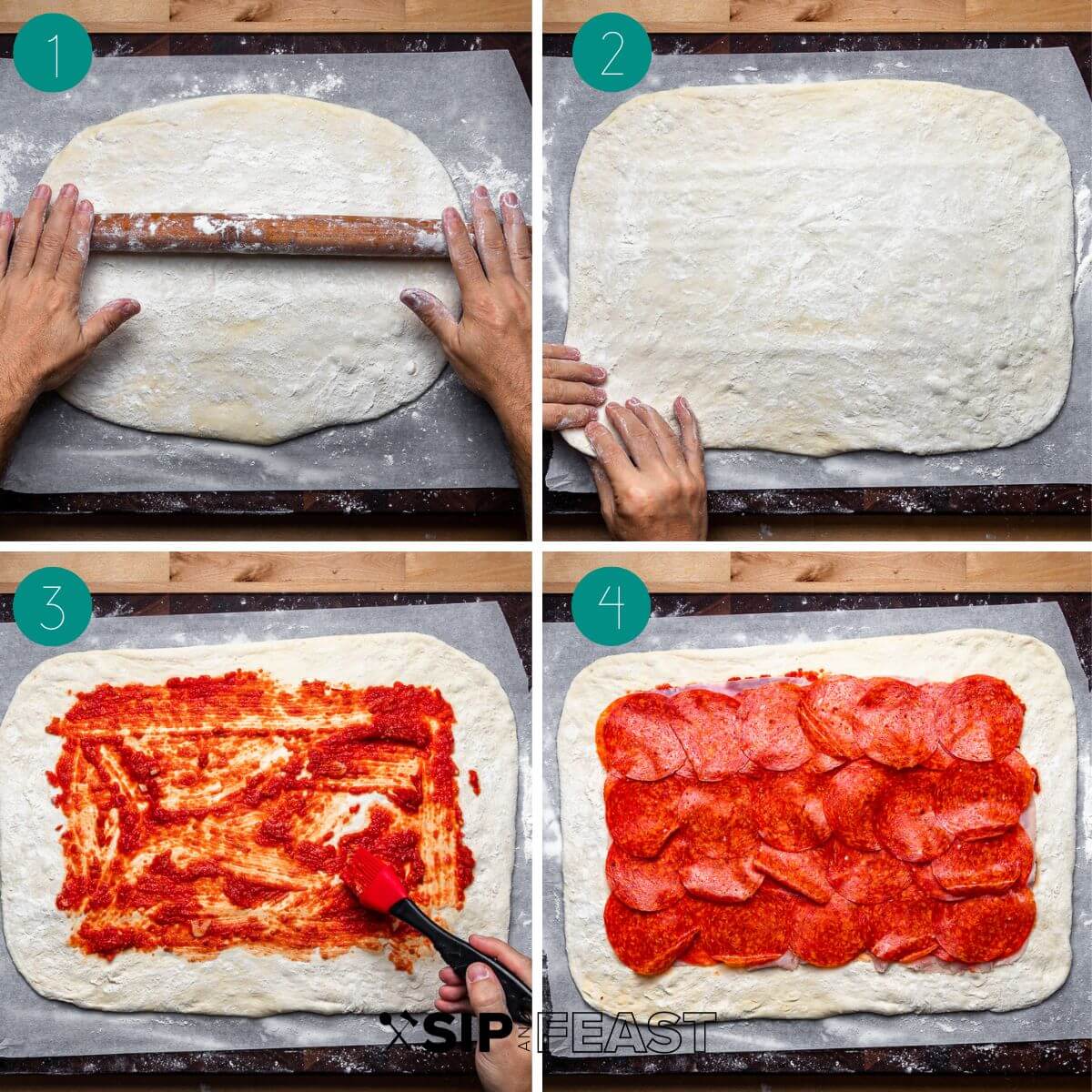 Stromboli recipe process shot collage group number one.