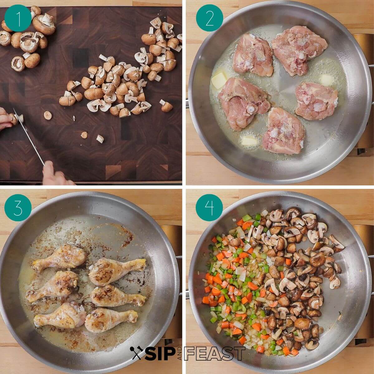 Chicken fricassee recipe process shot collage group number one.