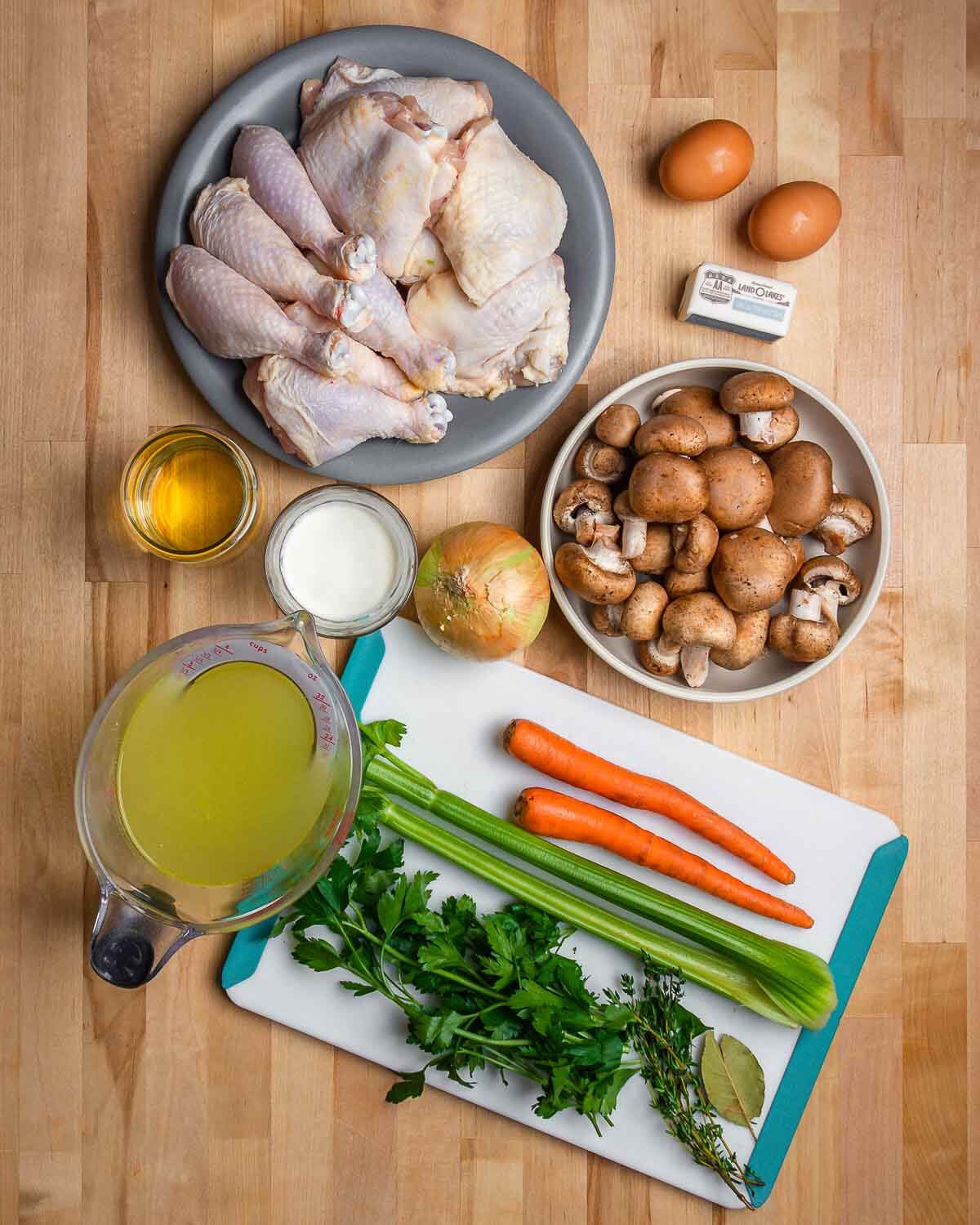 Overhead shot of chicken fricassee recipe ingrdients.