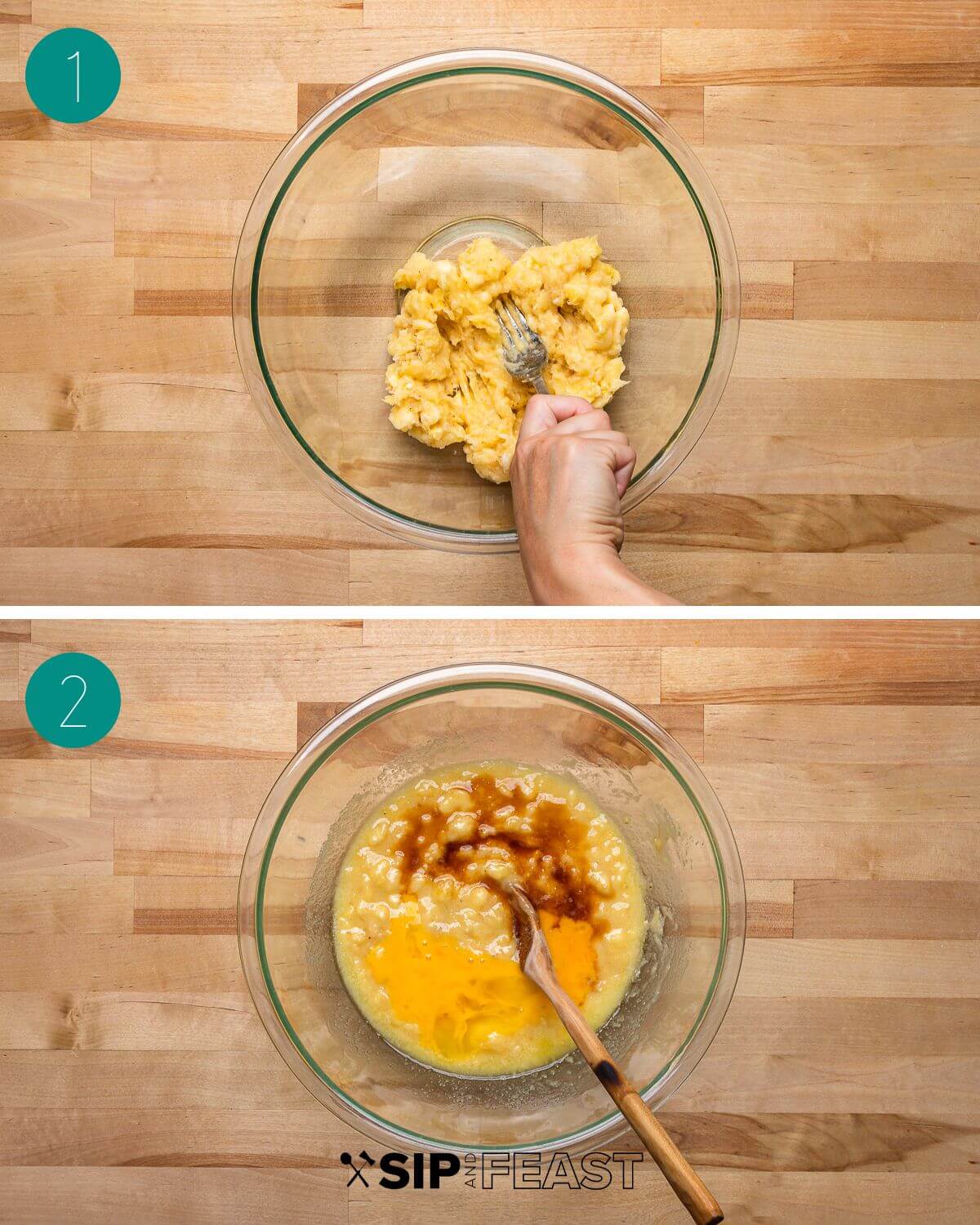 Chocolate chip banana bread recipe process shot collage group number one.