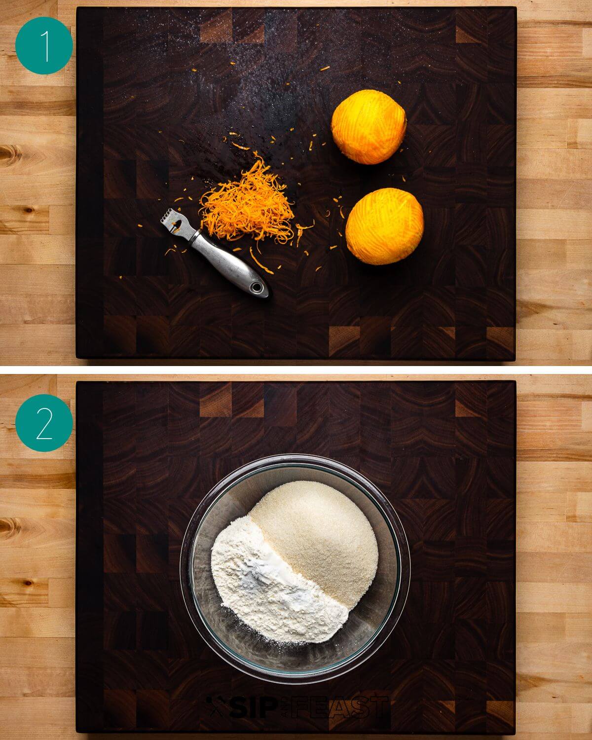 Orange olive oil cake recipe process shot collage group number one.