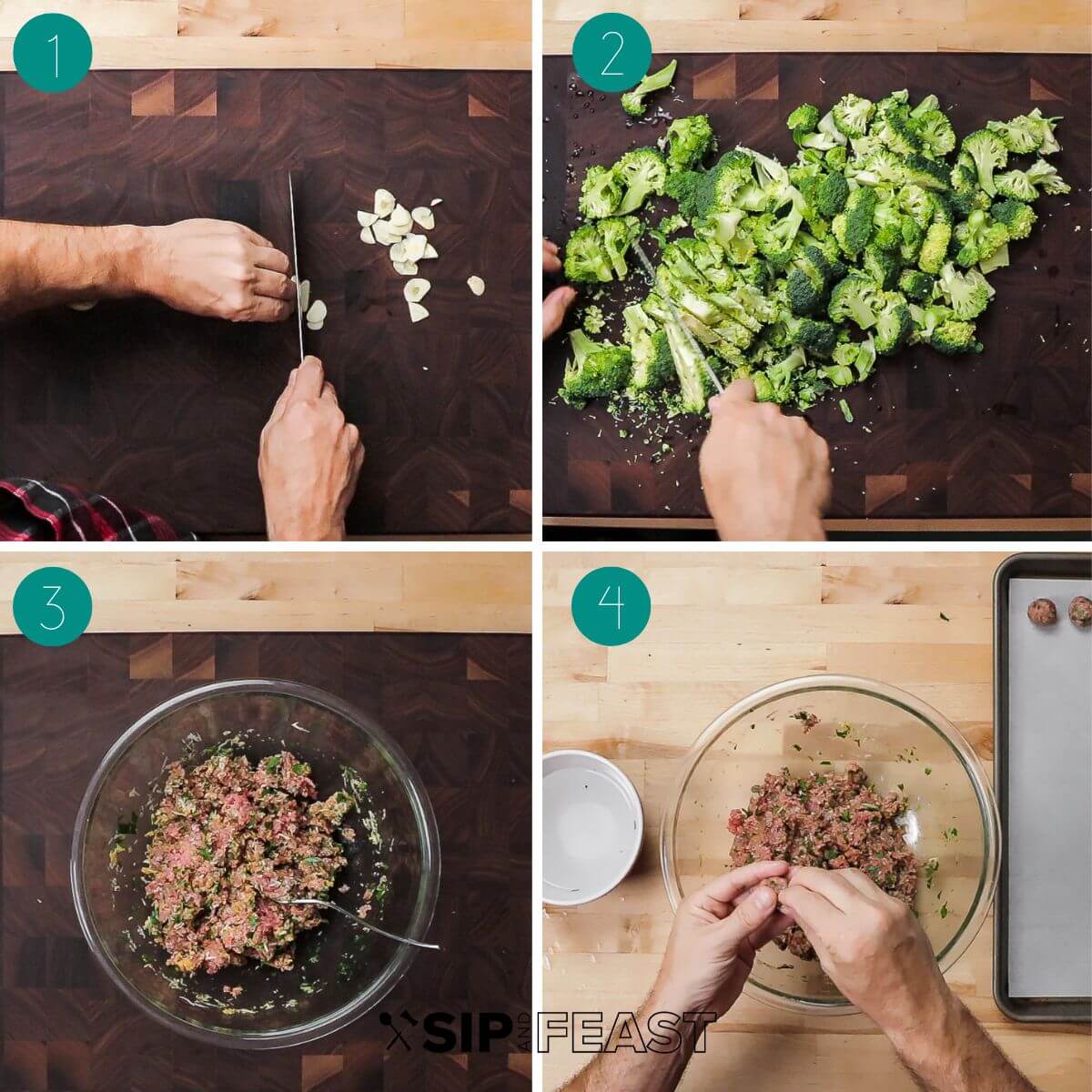 Pasta broccoli with tiny meatballs recipe process shot collage group number one showing chopped garlic, broccoli, meatball mixture and hands making meatballs.