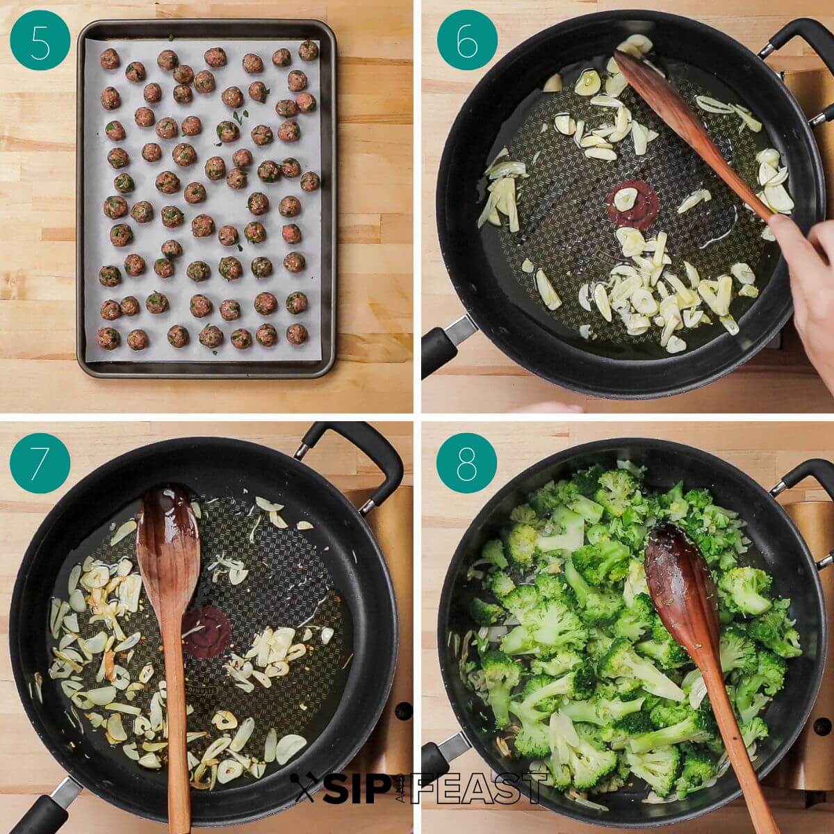 Recipe process shot collage group number two showing meatballs on baking sheet, sauteed garlic in a pan and broccoli added to same pan.