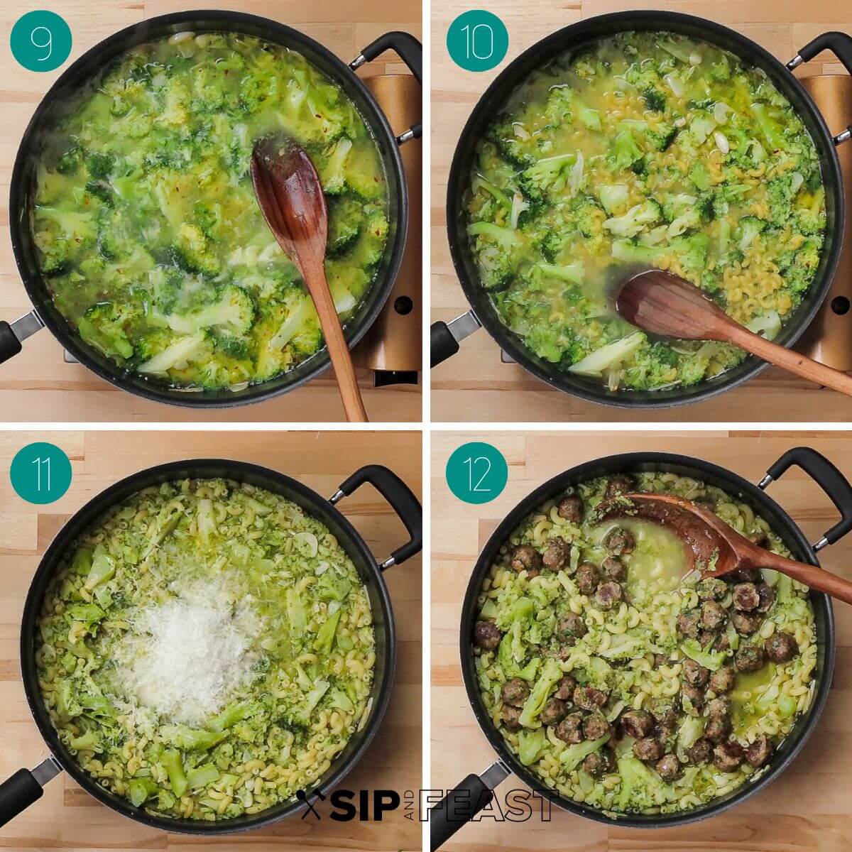 Recipe process shot collage group number three showing cooked broccoli in pan, addition of macaroni to pan, addition of cheese to pan, and meatballs added.