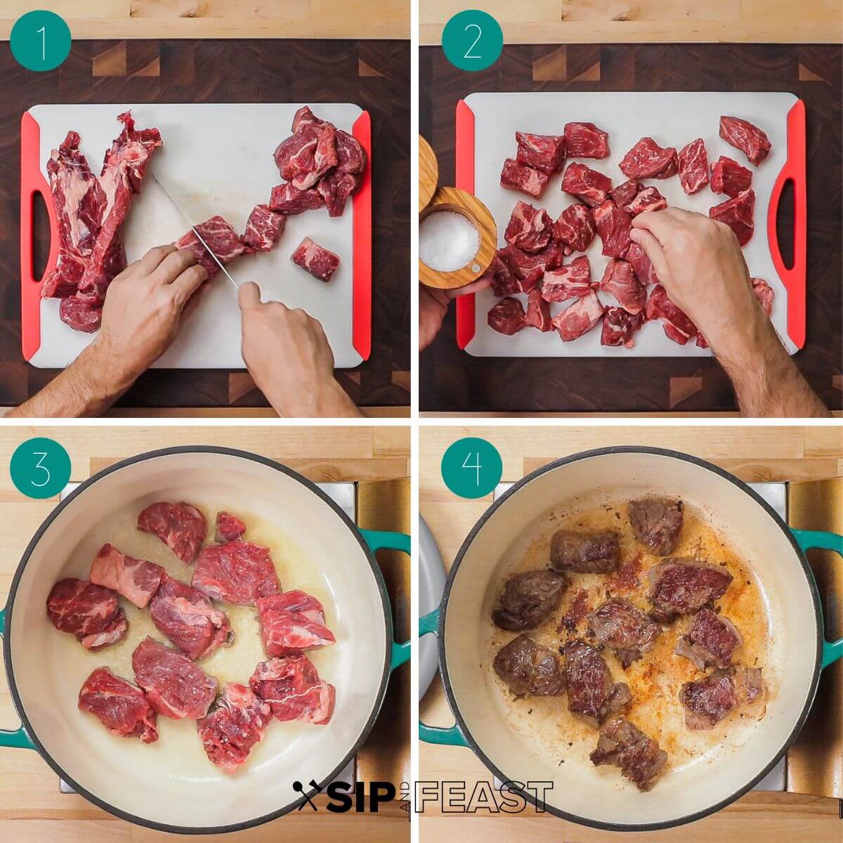 Peposo (Tuscan beef stew) recipe process shot collage group number one showing cubed beef being seasoned and seared in dutch oven.