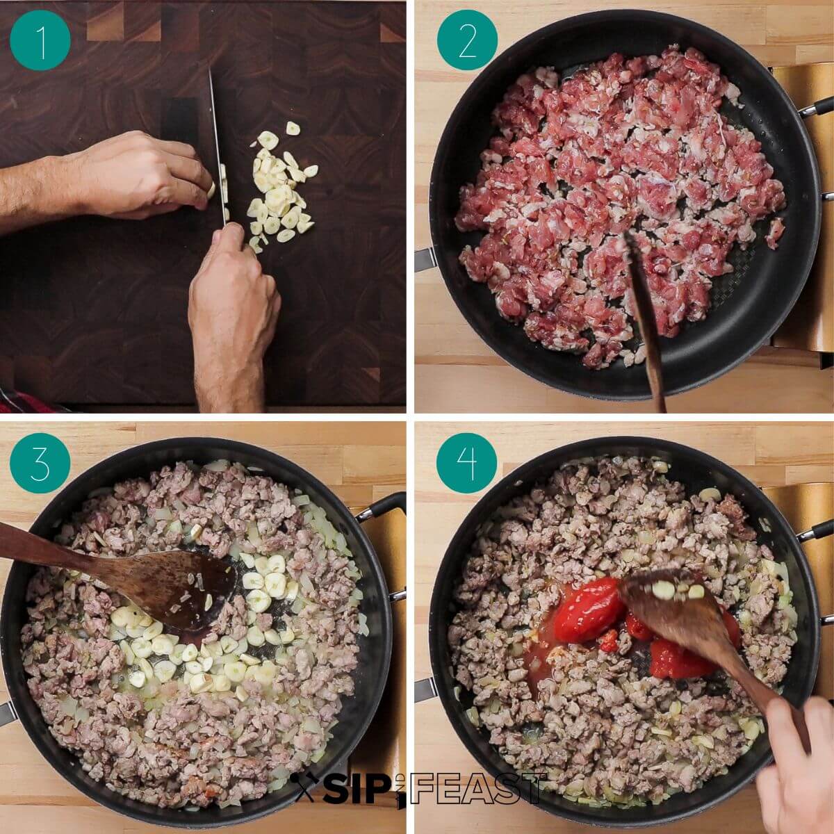 Sausage pasta fagioli recipe process shot collage group number one.