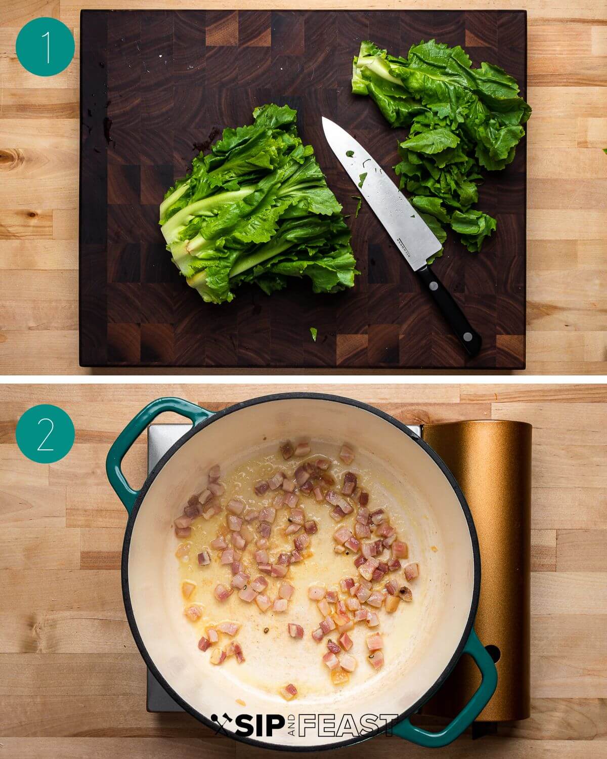 Escarole and white bean soup recipe process shot collage group number one.