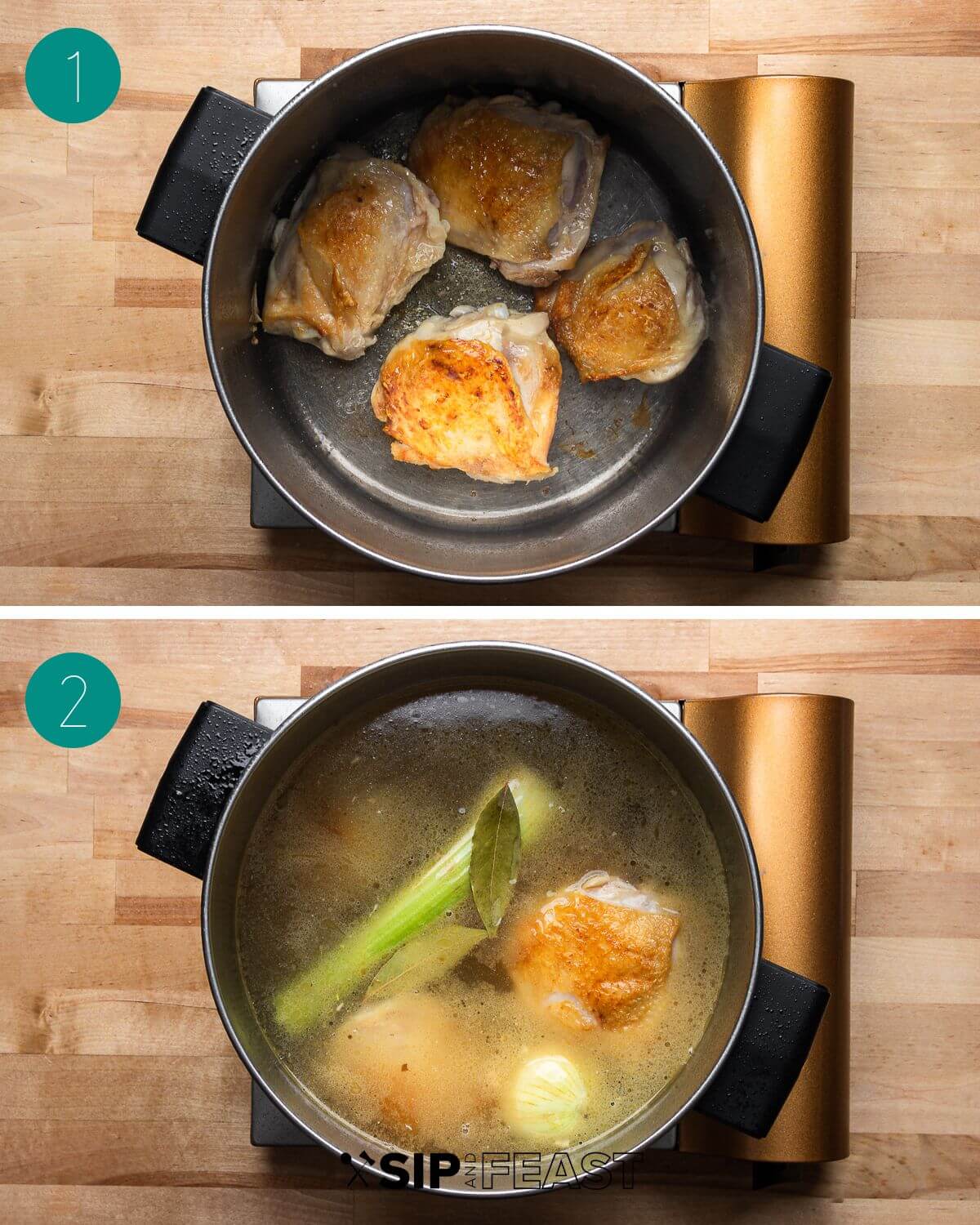 Chicken stock recipe process shot collage group number one.