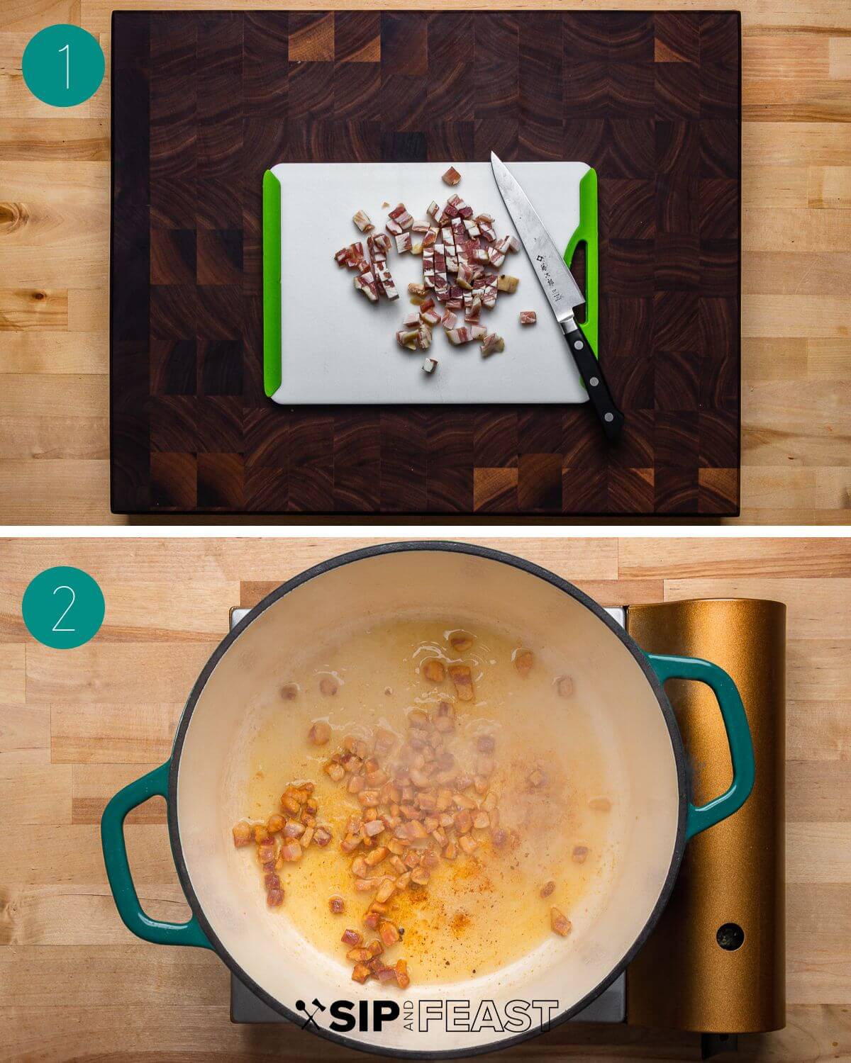 Tuscan white bean soup recipe process shot collage group number one showing diced pancetta and pancetta in pot with oil.