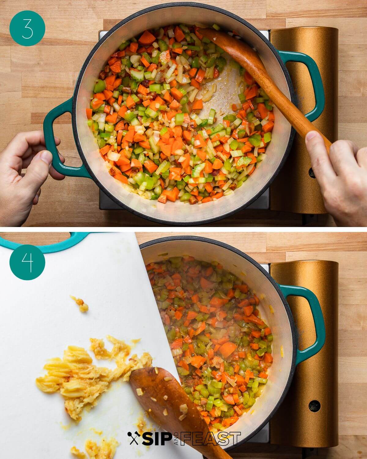 Recipe process shot collage group number two showing sauteed carrots, celery, onion in pot, and adding roasted garlic to pot.