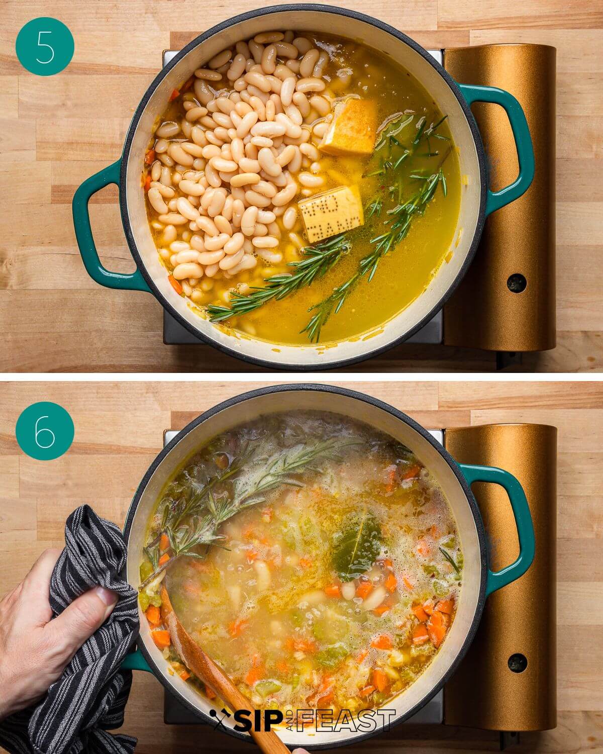 Recipe process shot collage group number three showing beans, stock, rosemary in pot, and pot simmering after all is cooked.